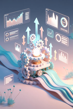 3d illustration of gears and cogwheels on blue background with infographicsの素材