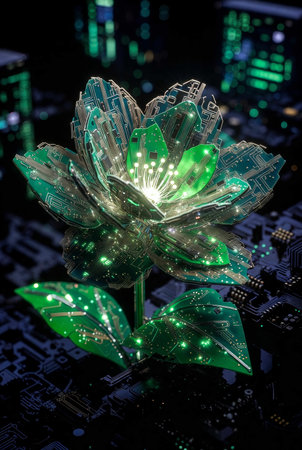 3d illustration of a lotus flower in front of a circuit boardの素材