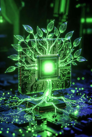 Electronic chip in the form of a tree with green leaves.の素材