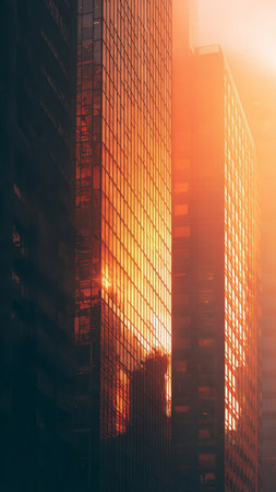 Modern skyscrapers in the city at sunset, toned imageの素材