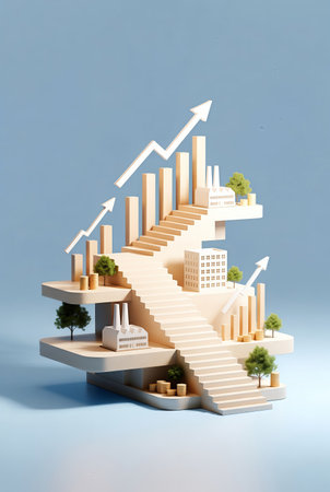 Business growth and success as a 3d illustration of steps leading to the cityの素材