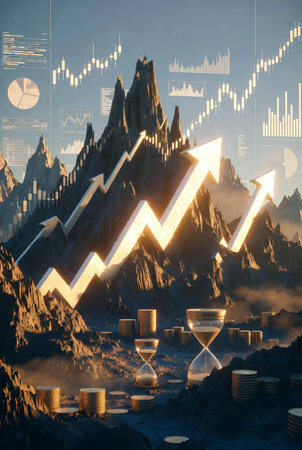 3D rendering of business graph on the background of mountains and cloudsの素材