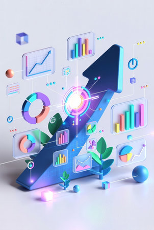 3d render of business graph and growth arrow on a white backgroundの素材