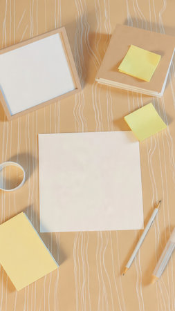 Design concept - top view of workspace desk with blank paper, stationery and pencils for mockupの素材