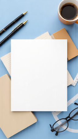 Design concept - Top view of office desk table with blank paper, supplies and coffee for mockupの素材