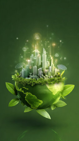 Eco city concept with green planet and cityscape on green backgroundの素材