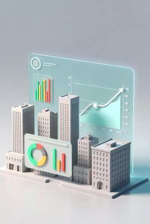 3d illustration of city with financial chart and pie graph on white backgroundの素材