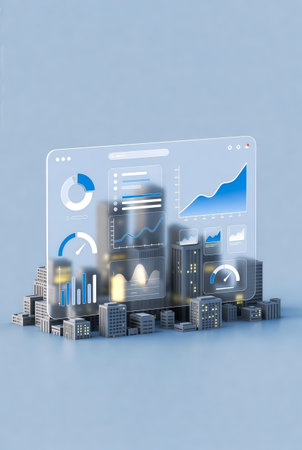 3d illustration of city skyline with charts and graphs on blue backgroundの素材