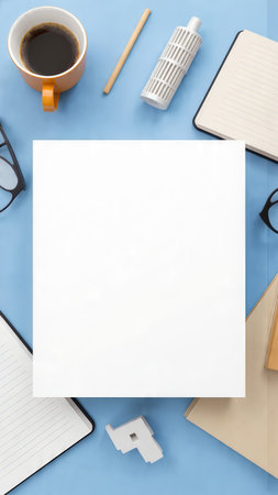 Top view of office desk table with blank paper, coffee cup and stationeryの素材