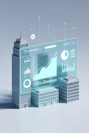 Skyscrapers and graphs on a virtual screen. 3d renderingの素材