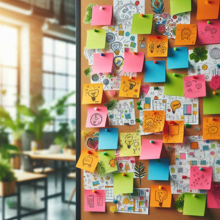 Business concept. Office wall full of colorful sticky notes with business iconsの素材