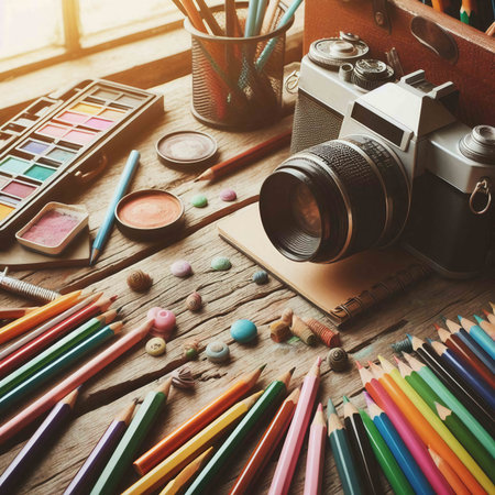 Colorful pencils, camera and notebook on wooden table background.の素材