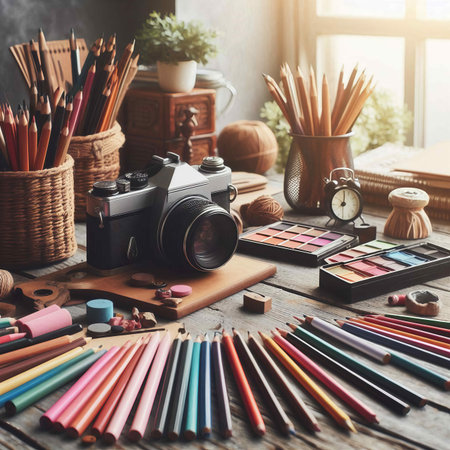 Creative workspace with camera, pencils and stationery on wooden tableの素材