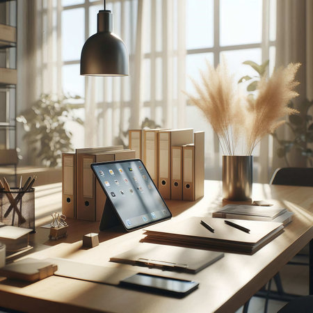 Workplace with laptop, stationery and decorations on table. Mock up, 3D Renderingの素材