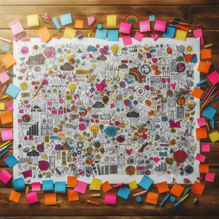 Top view of blank sheet of paper with business sketches on wooden backgroundの素材