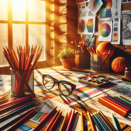 Artist workplace with colorful pencils, palette and drawing tools on wooden tableの素材