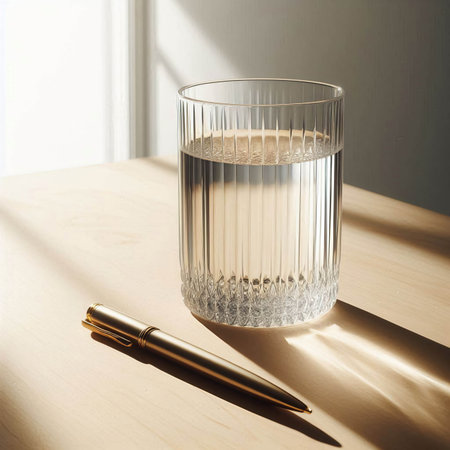 Glass of water and pen on wooden table in sunlight. Business conceptの素材