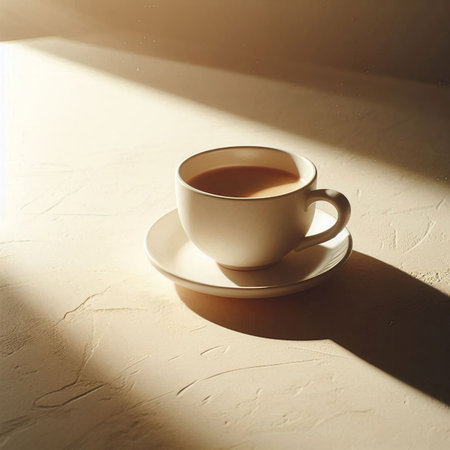 Cup of coffee on the table with sun light and shadow.の素材