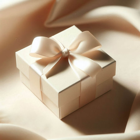 White gift box with a bow on the satin background, close upの素材