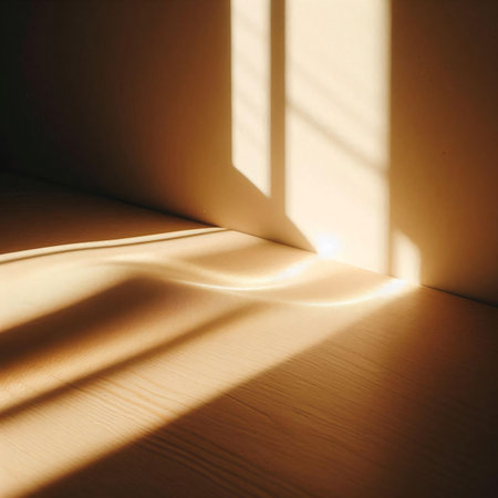 sunlight shining through the window in a room with wooden floor.の素材
