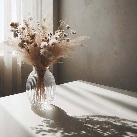 Vase with dry flowers on table in sunlight and shadows on wall.の素材