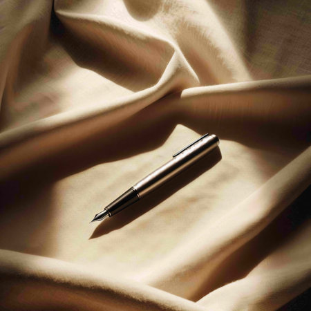 Silver pen on the fabric, close-up, soft focus.の素材