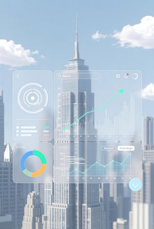Futuristic user interface against high angle view of skyscrapersの素材