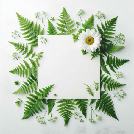 Creative layout made of green leaves and flowers. Flat lay, top view.の素材