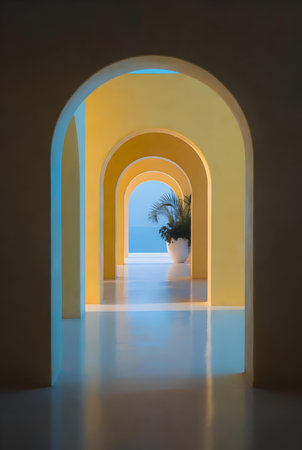 Colored arches in a room with a plant in a potの素材