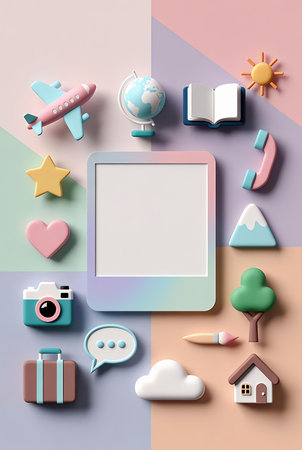 Top view of blank tablet with stationery on colorful background. Travel conceptの素材