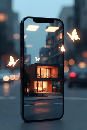 Smartphone with the image of a house on the background of the night cityの素材