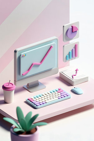 3d illustration of a desktop computer with a graph on the screenの素材
