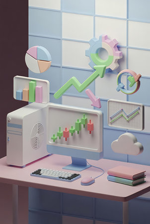 Workplace with computer and business icons on the table. 3d renderingの素材