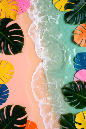Tropical leaves on the background of sea waves. Summer conceptの素材