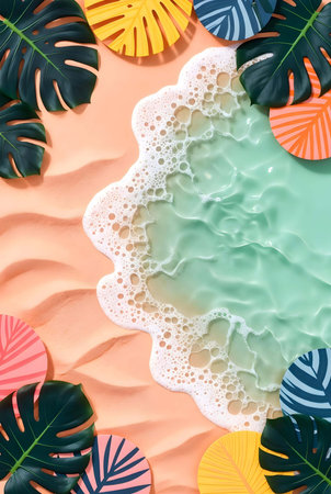 Creative layout made of monstera leaves and sea foam on orange backgroundの素材