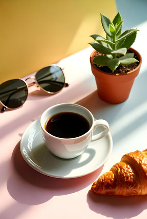 Cup of coffee, sunglasses and croissant on colorful backgroundの素材