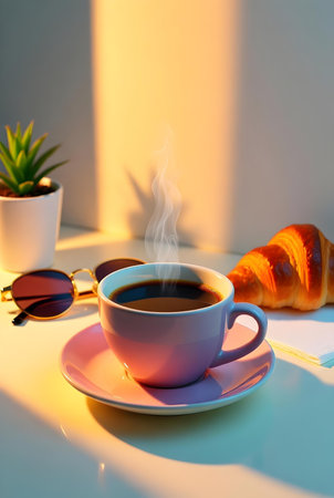 Coffee cup with croissant and sunglasses on white tableの素材