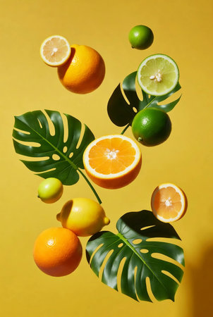 Citrus fruits and leaves on yellow background. Flat lay.の素材