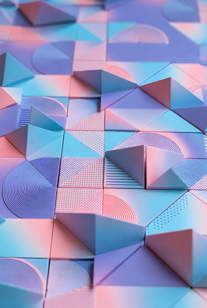 3d rendering of abstract geometric shapes in pastel blue and pink colorsの素材