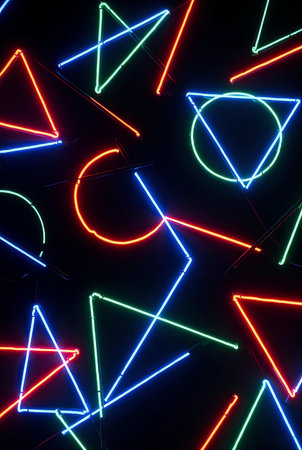 Glowing neon triangle pattern on black background. 3d rendering.の素材