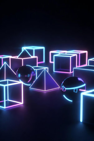 3d render, abstract background with neon glowing cubes, geometric shapesの素材