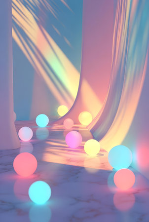3d render of abstract background with podiums and colorful lights.の素材