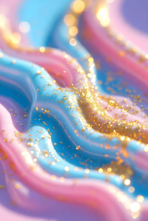 Beautiful pink and blue wavy background with golden sparkles.の素材
