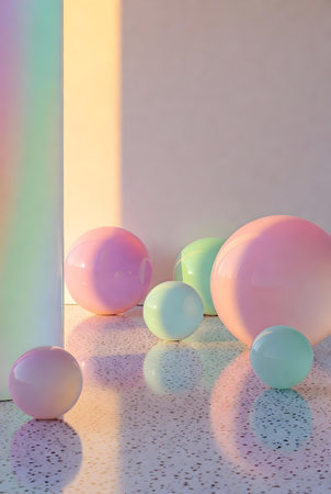 Colorful pastel balls on white marble table. Minimalism style.の素材
