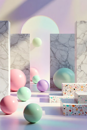 3d render, abstract background, geometric shapes, pastel colors, podiums, minimal designの素材