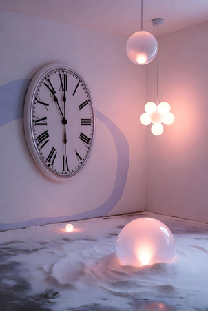 White wall clock in the interior of the living room with a lampの素材