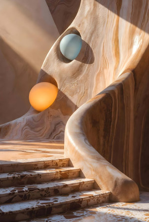 Modern marble stairs with an Easter egg in the shape of a ball.の素材