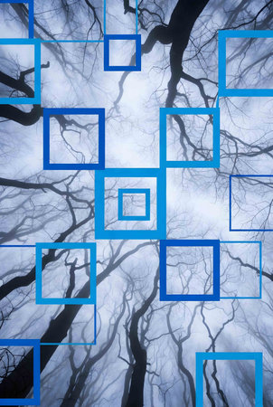 abstract background with black tree and blue square frame in the middleの素材