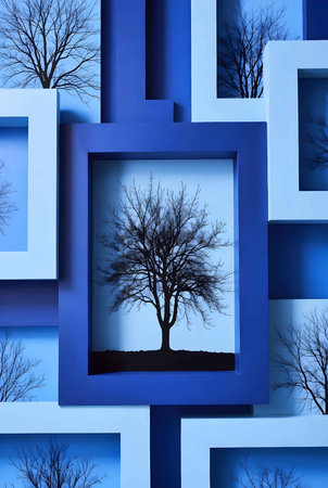 3d render of abstract blue background with tree in the center.の素材