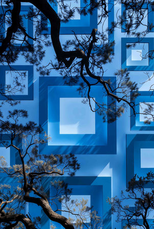 Abstract blue background with trees and geometric pattern. 3D rendering.の素材